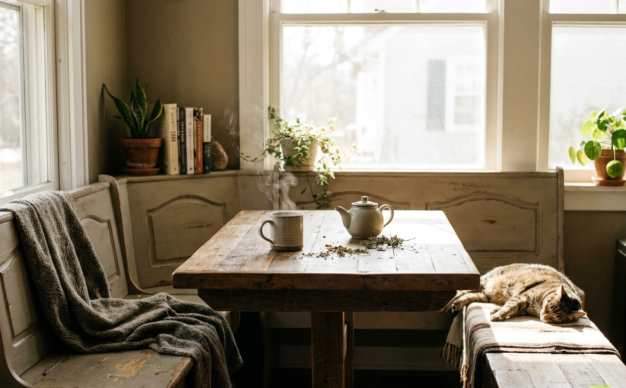 A warm cup of herbal tea in a sunlit morning kitchen