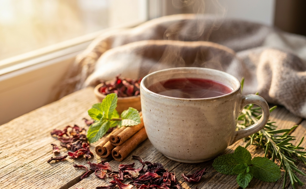 A warm cup of hibiscus herbal tea with herbs and spices